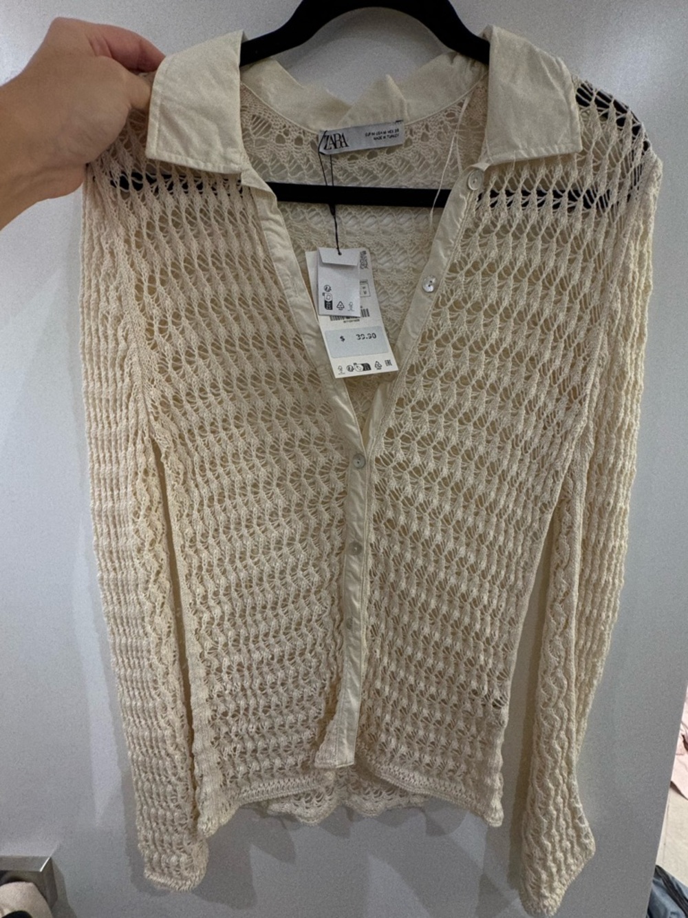 ZARA Cream Open-Weave Collared Button Cardigan